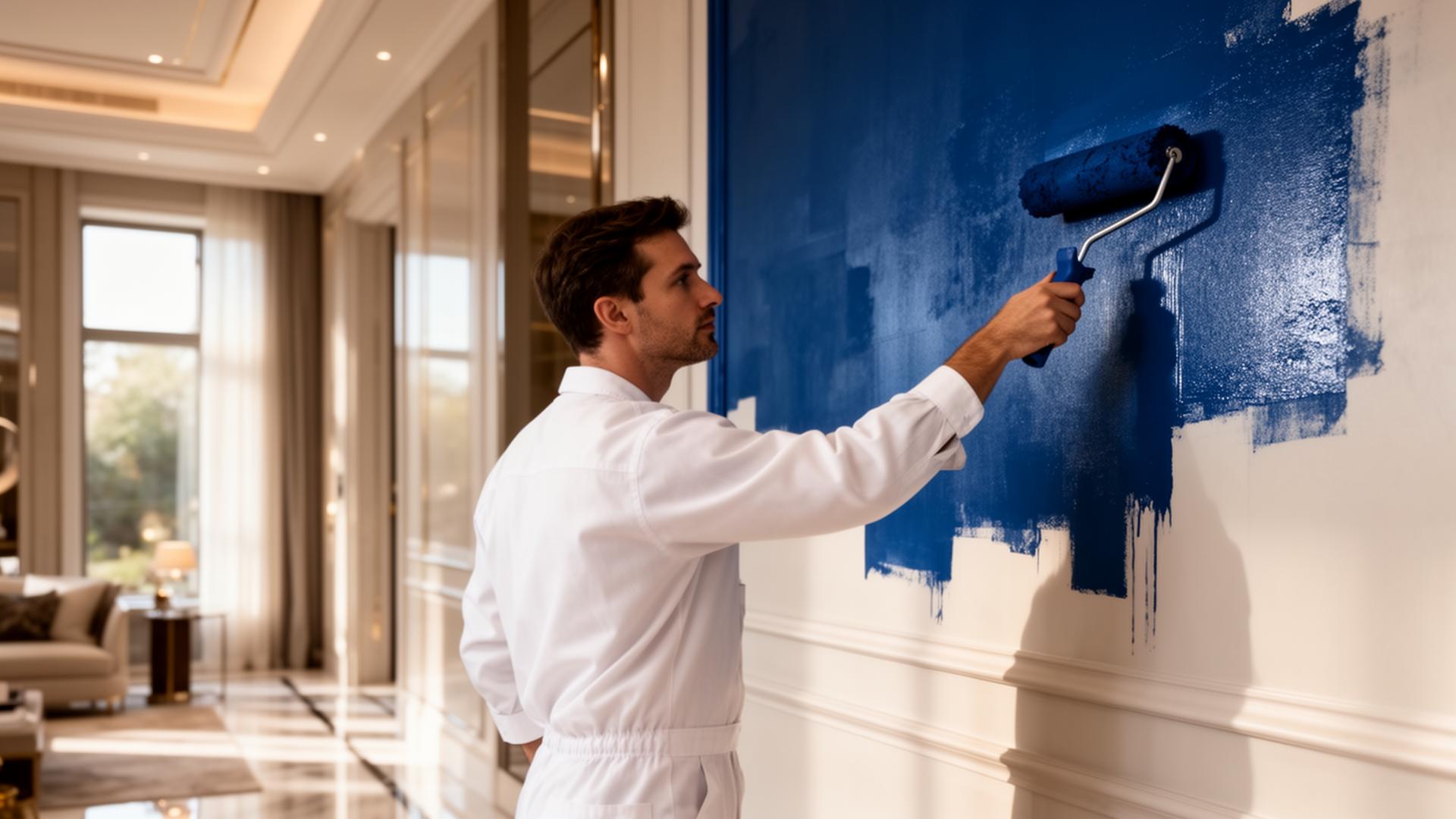 Professional painter applying deep blue paint to a luxury interior wall